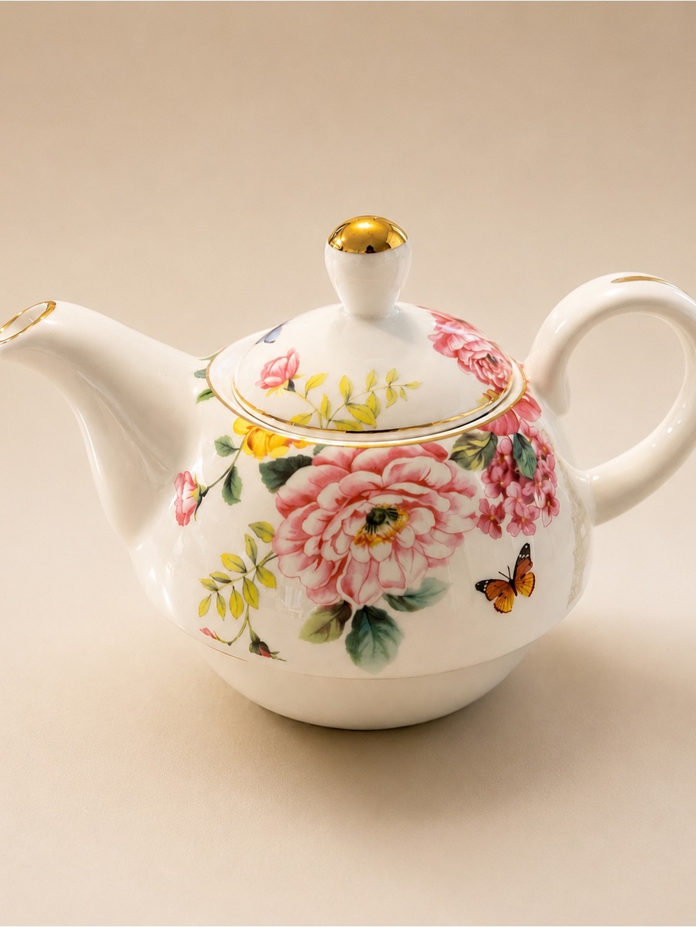 PARK CHATEAU | PORCELAIN FLORAL BUTTERFLY TEAPOT DISHWASHER SAFE GOLD TRIM